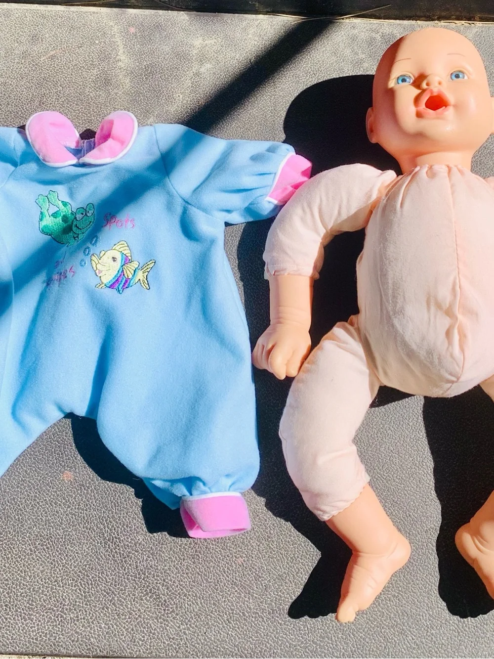 Baby doll toy Blue and Pink One-Piece Romper with Fish & Frog Embroidery